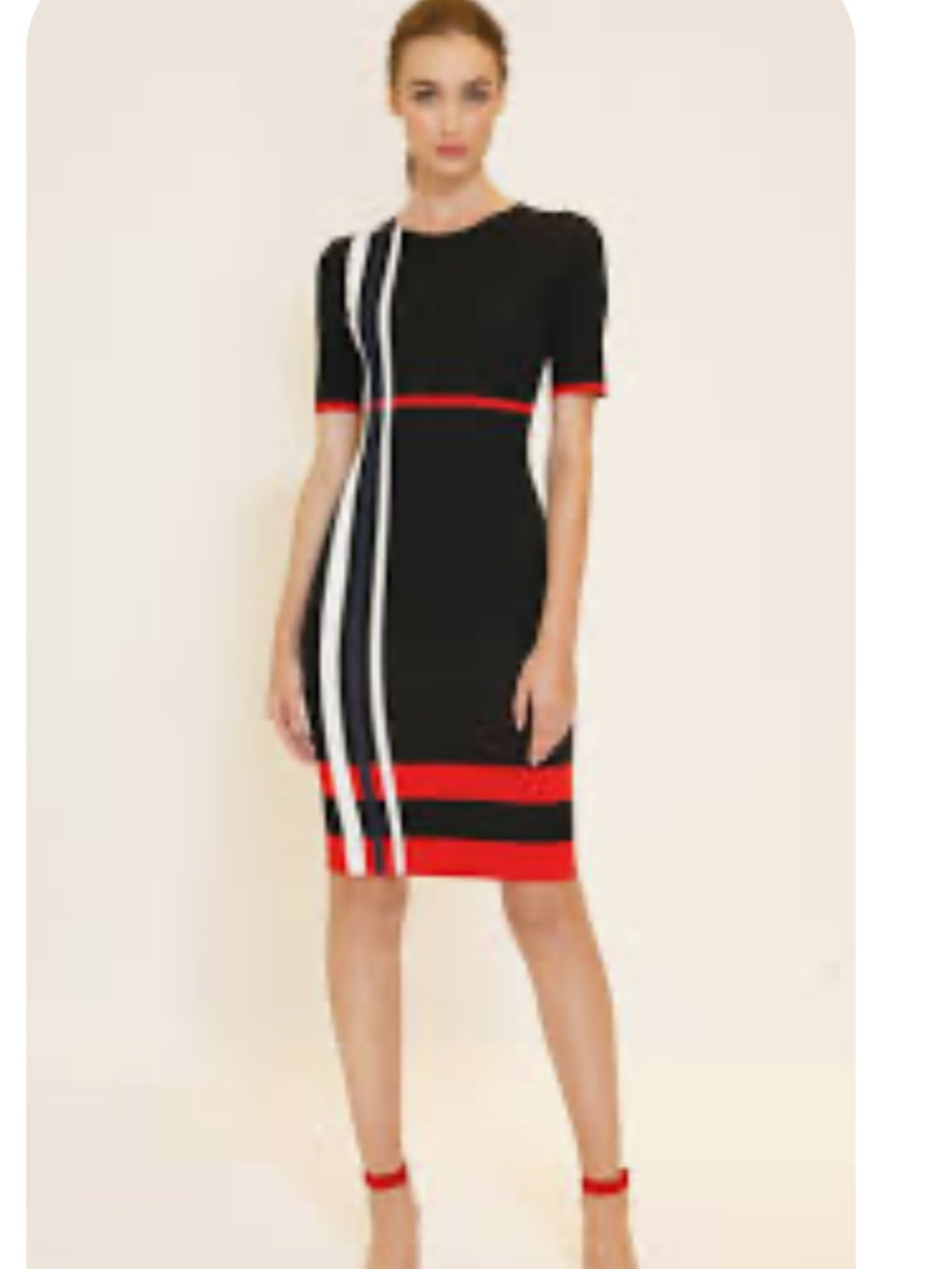 St.John Black and Red Striped Sheath Dress with White Accent size 8